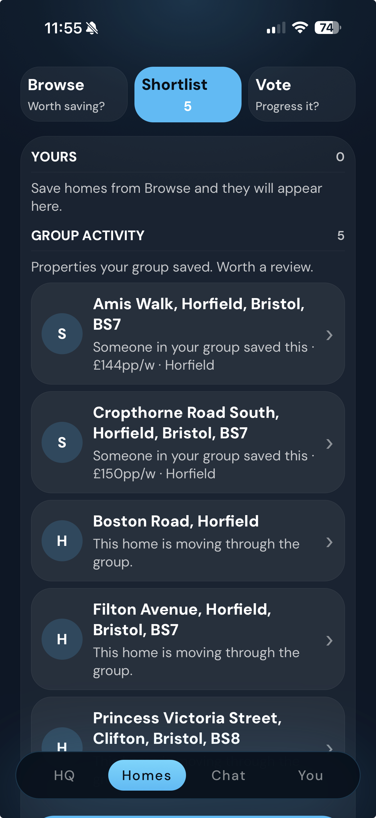 Maison showing no personal property saves and five homes shared through the group’s activity