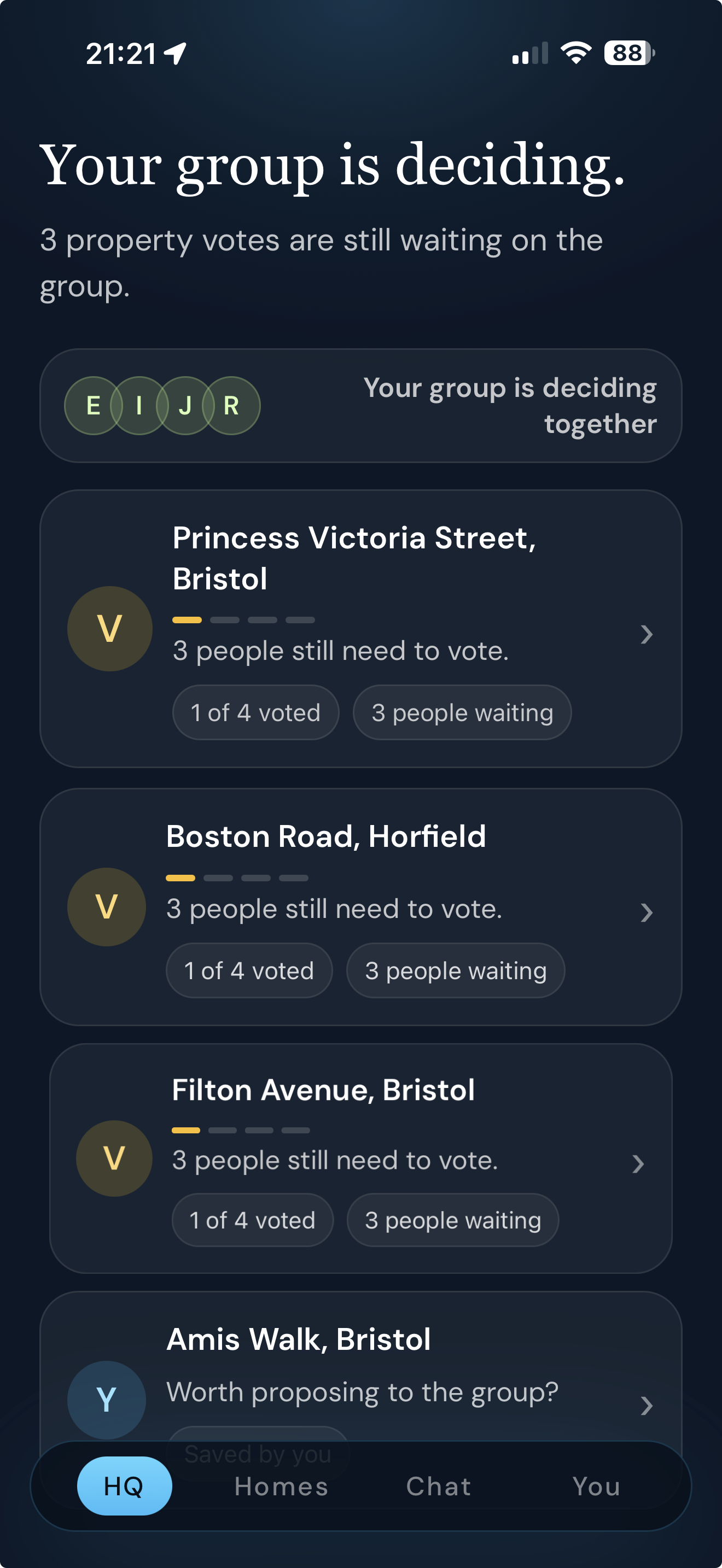 Maison HQ showing three different property votes waiting on the group