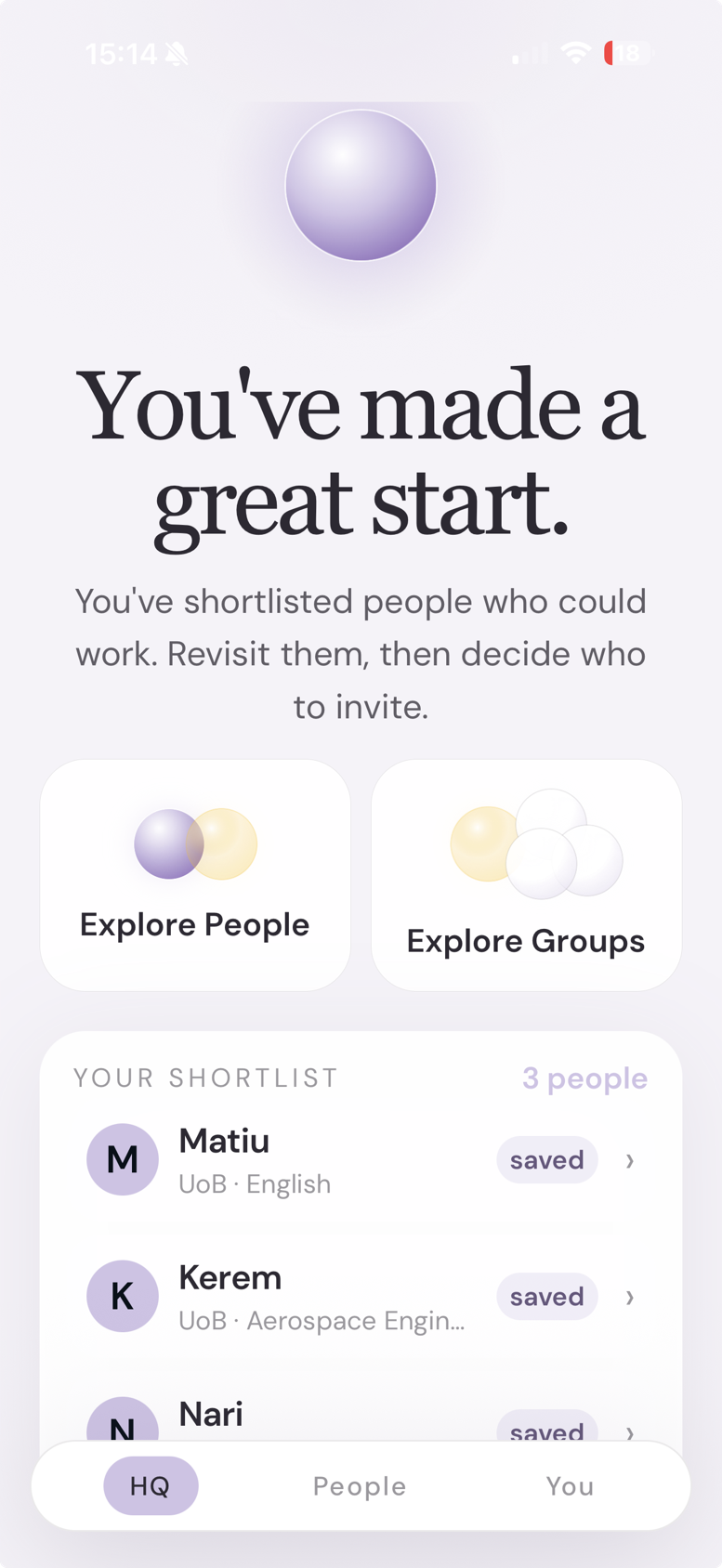 Maison showing three people saved to a student’s shortlist