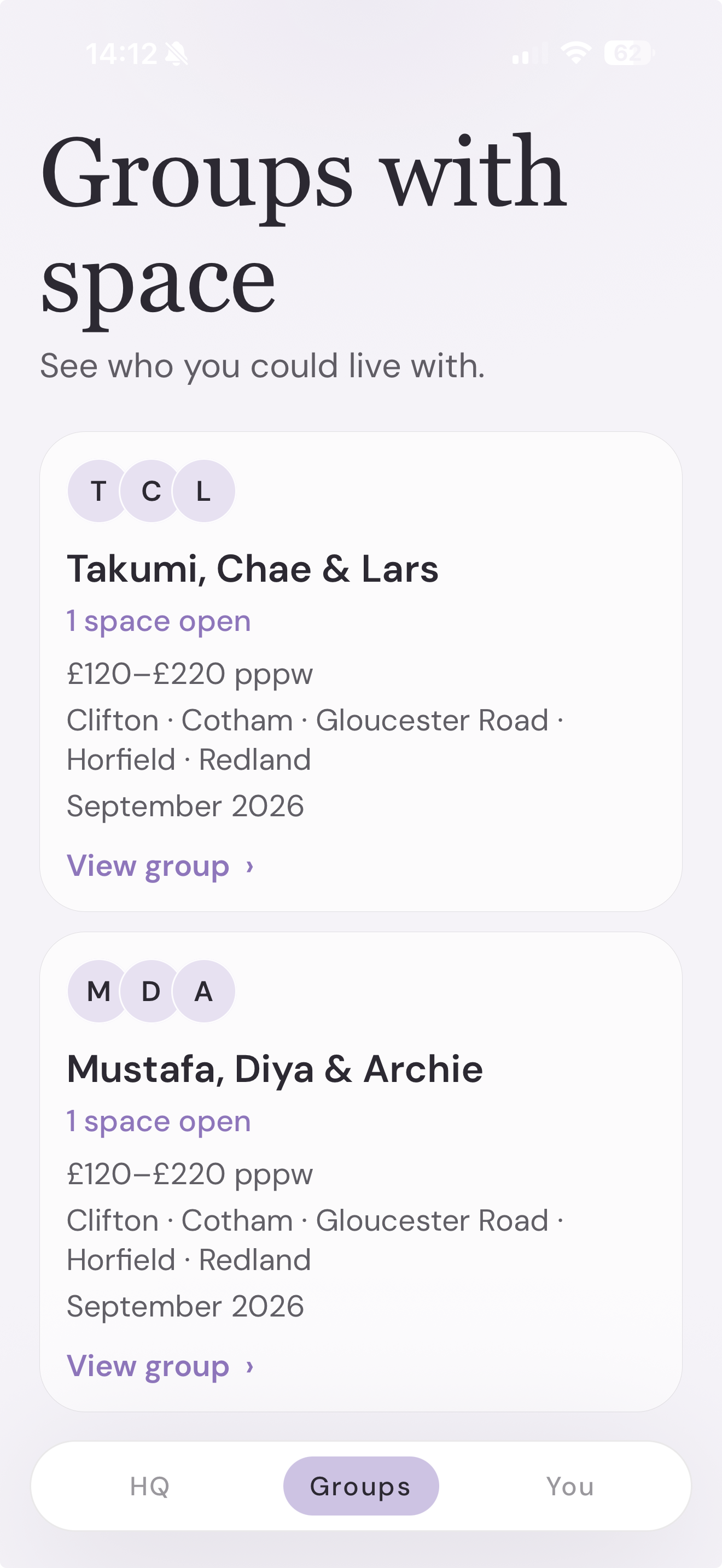 Maison showing established student groups with one place open