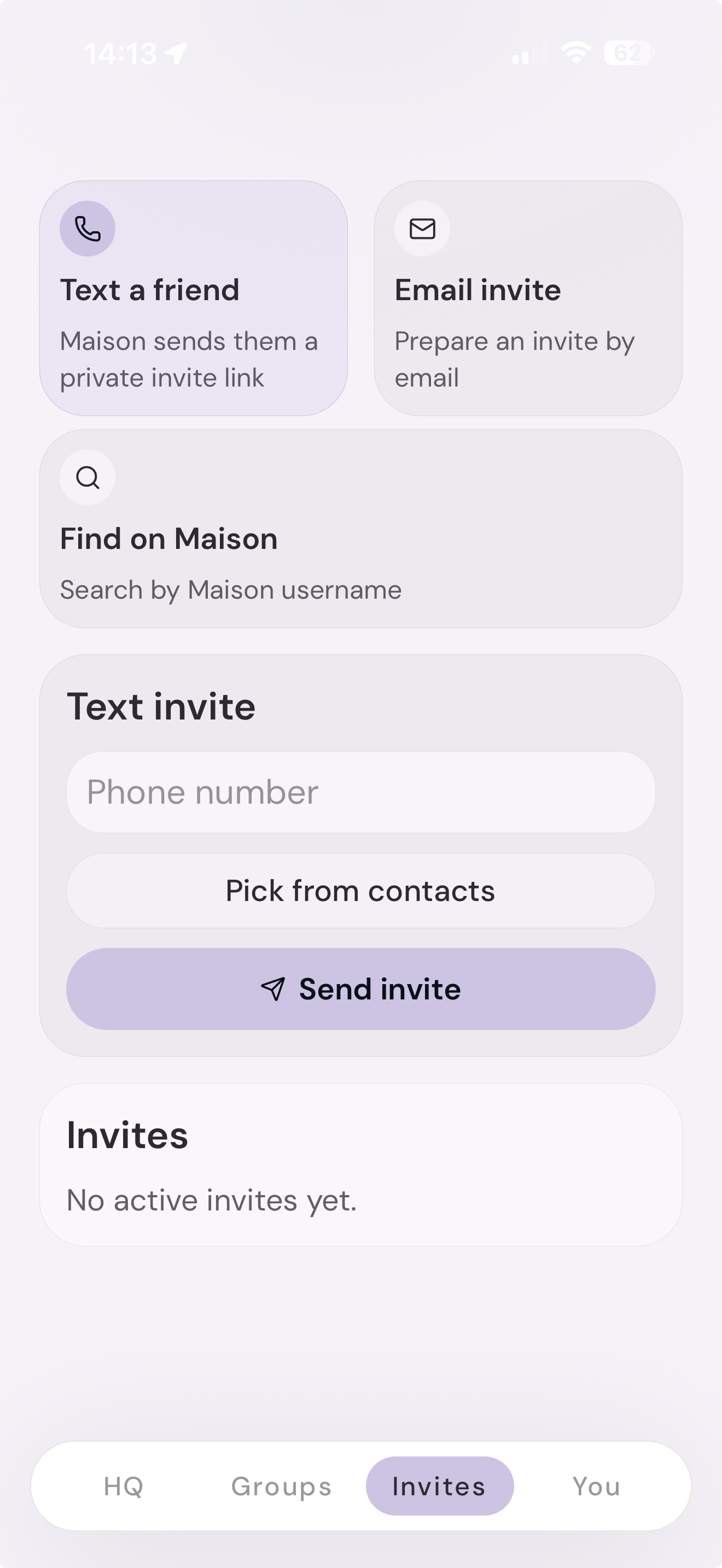 Maison showing the options to invite a friend by text, email or username